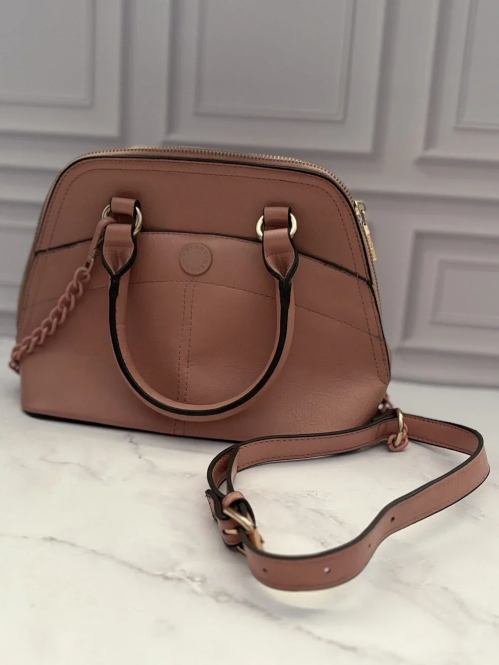 Steve Madden Blush Pink Dome Satchel Crossbody Handbag Gold Tone Faux Leather